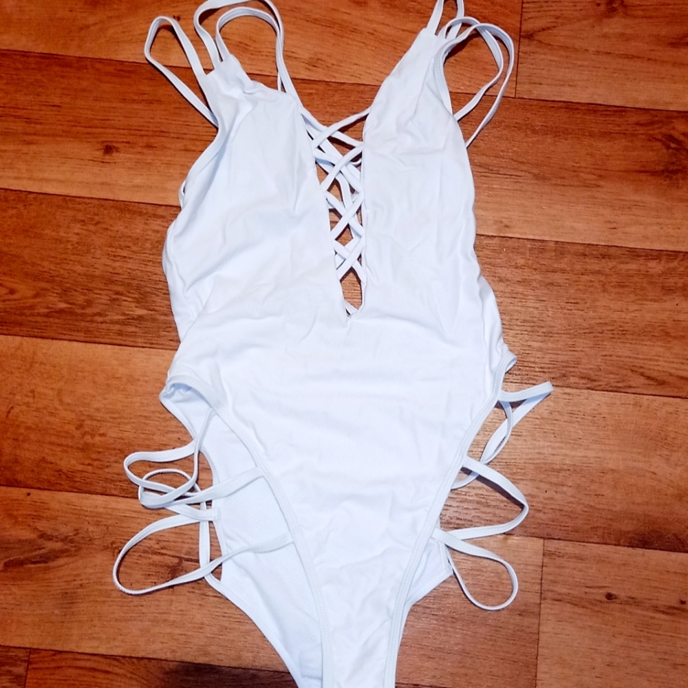 LAGSHAN One Peice Bathing Suit Strapy White Size S